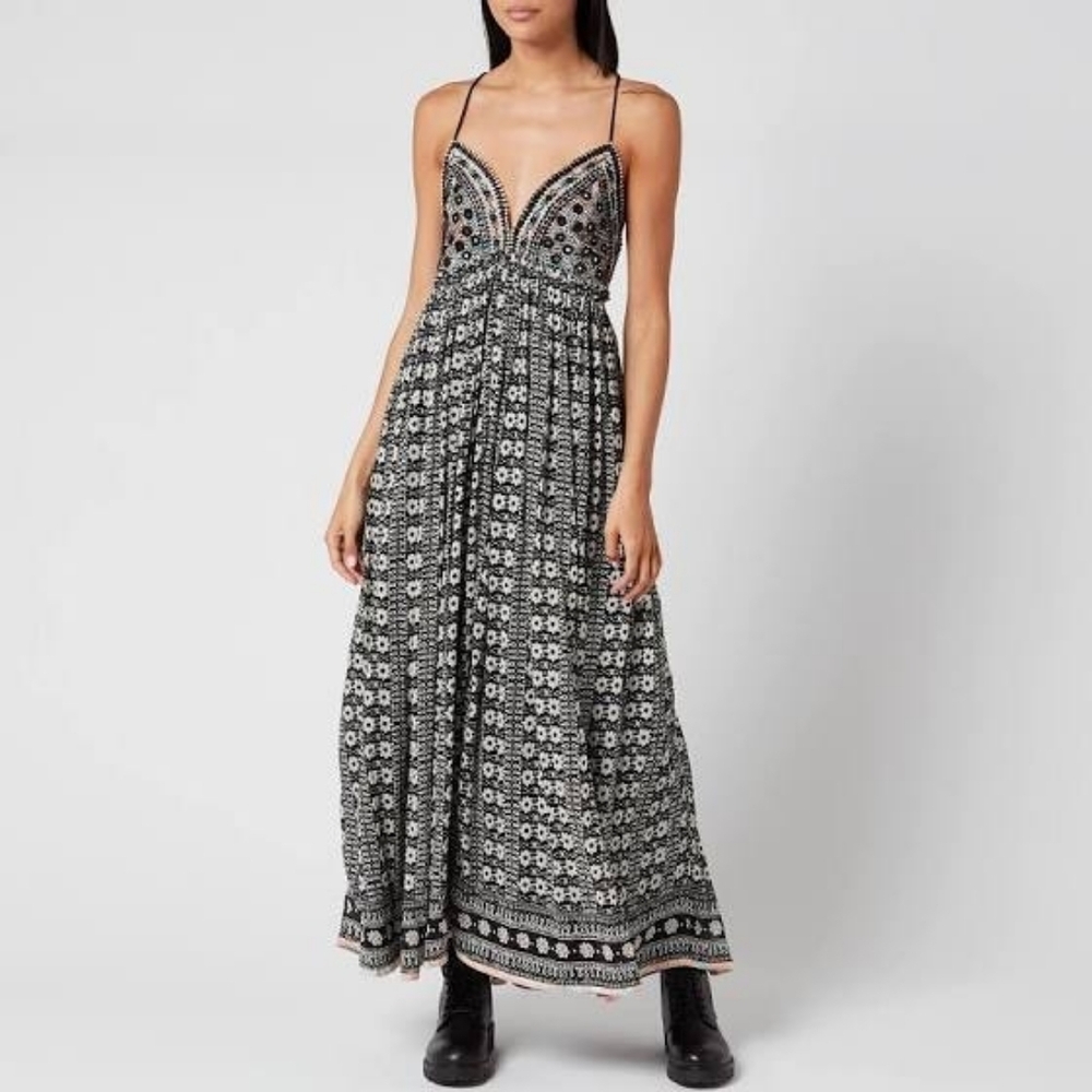 Free People Good Vibes Embroidered Cotton Long Maxi DRESS